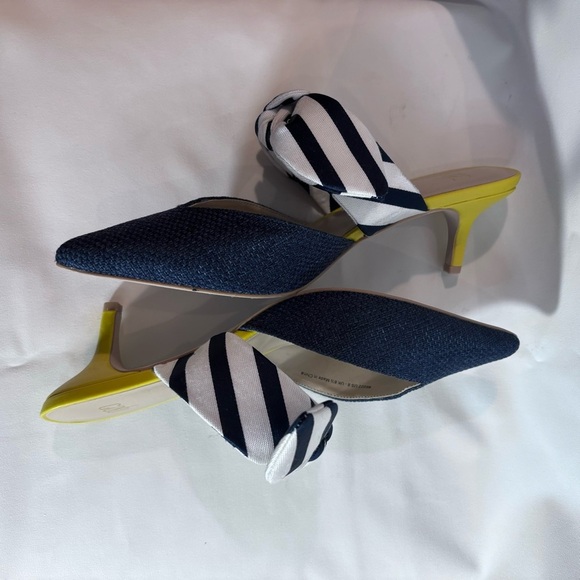 CABI Sz 8 Mules Pointy Toe Bow Contrasting Kitten Heels Slip On Shoes - Picture 5 of 10